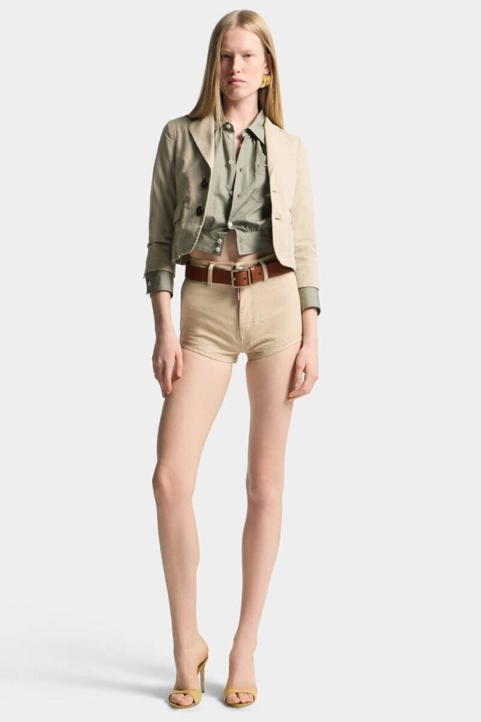 Pantalones cortos de cintura alta de denim Oxford Pantalones cortos de cintura alta de denim Oxford