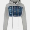 Sudadera con capucha híbrida corta de mezcla de denim con lavado desgastado medio Sudadera con capucha híbrida corta de mezcla de denim con lavado desgastado medio