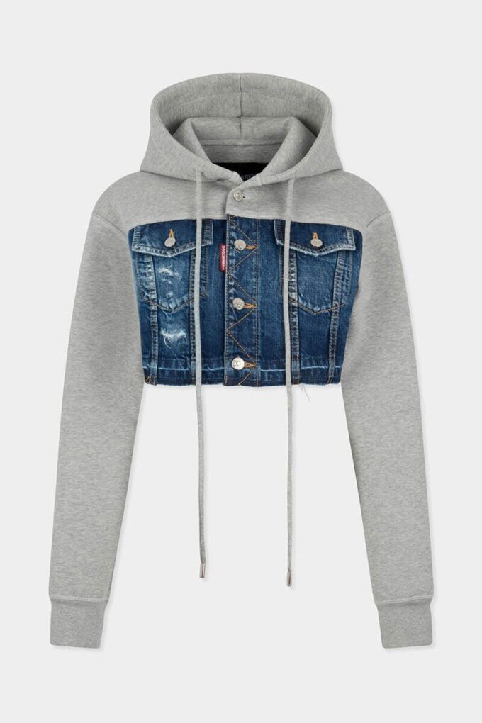Sudadera con capucha híbrida corta de mezcla de denim con lavado desgastado medio Sudadera con capucha híbrida corta de mezcla de denim con lavado desgastado medio