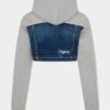 Sudadera con capucha híbrida corta de mezcla de denim con lavado desgastado medio Sudadera con capucha híbrida corta de mezcla de denim con lavado desgastado medio