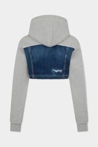 Sudadera con capucha híbrida corta de mezcla de denim con lavado desgastado medio