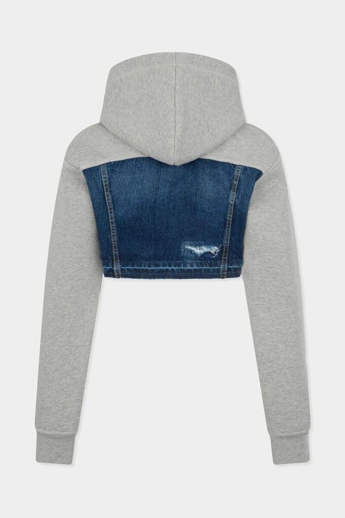 Sudadera con capucha híbrida corta de mezcla de denim con lavado desgastado medio Sudadera con capucha híbrida corta de mezcla de denim con lavado desgastado medio