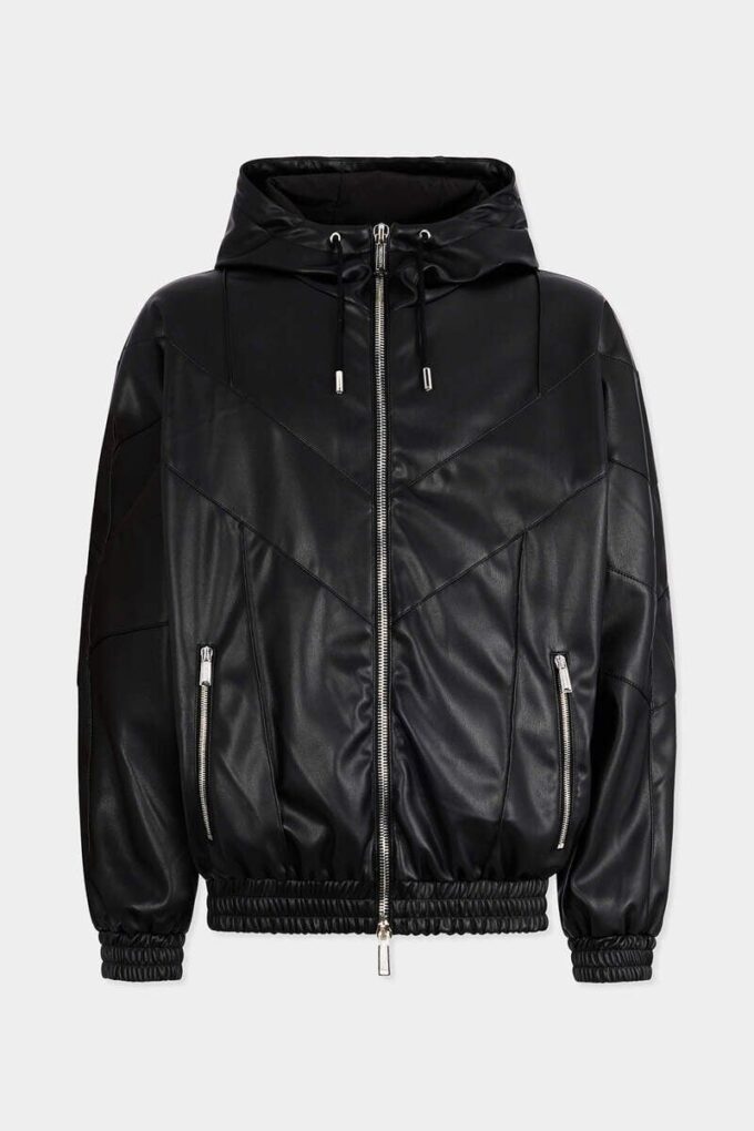 Sudadera con capucha y cremallera de imitación de cuero Sudadera con capucha y cremallera de imitación de cuero