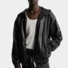 Sudadera con capucha y cremallera de imitación de cuero Sudadera con capucha y cremallera de imitación de cuero