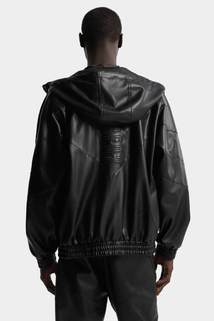 Sudadera con capucha y cremallera de imitación de cuero Sudadera con capucha y cremallera de imitación de cuero