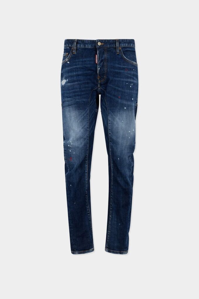 Vaqueros Biker Jean con lavado de manchas rojas medianas Vaqueros Biker Jean con lavado de manchas rojas medianas