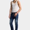 Vaqueros Biker Jean con lavado de manchas rojas medianas Vaqueros Biker Jean con lavado de manchas rojas medianas